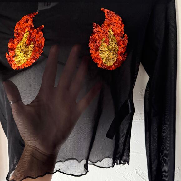 Topshop Tee and Cake Flame Sequin Sheer Mesh Top Size XS Rave Festival Y2K - Picture 3 of 7